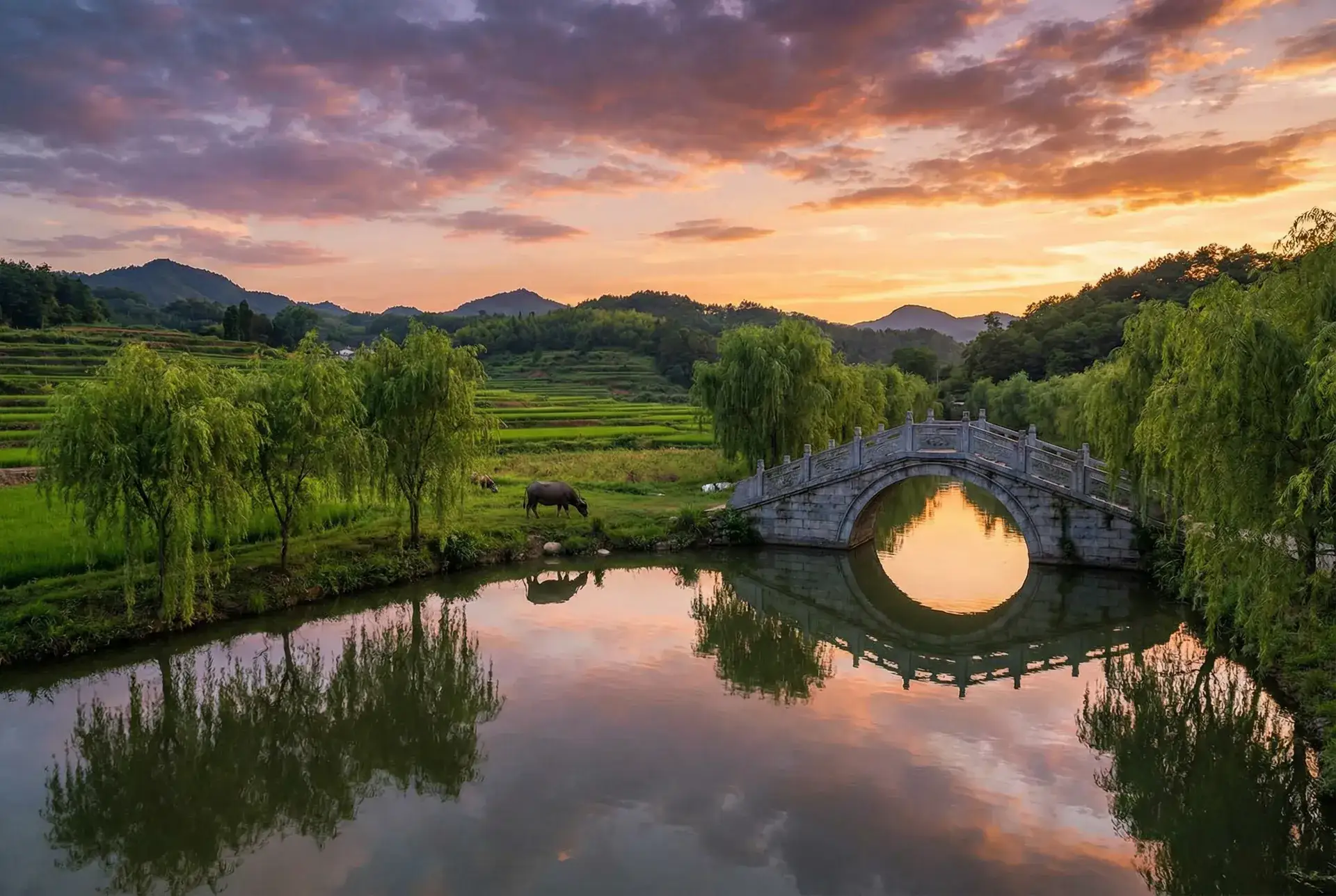 夕阳下的石拱桥与垂柳，水牛在河边吃草 - 学生妹的时期 乡村美景